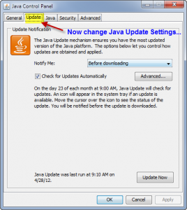 Now click the 'Update' tab - we will change how often Java checks for updates